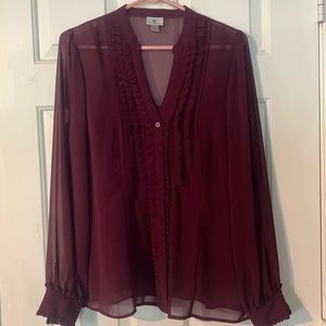 Sheer long sleeve burgundy blouse. Size Large.